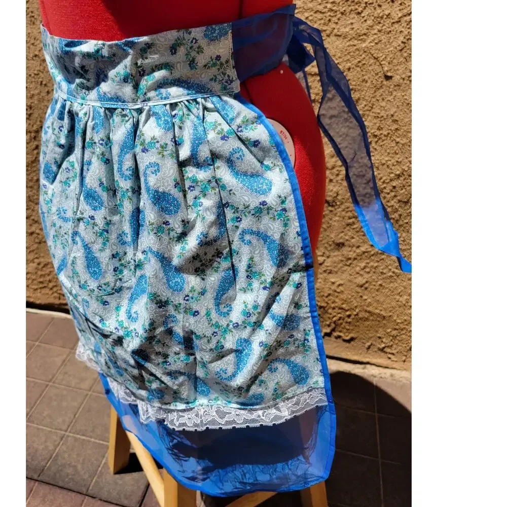 Vintage Reversible Chiffon Cotton Half Apron Blue Paisley Flowers MCM Hostess